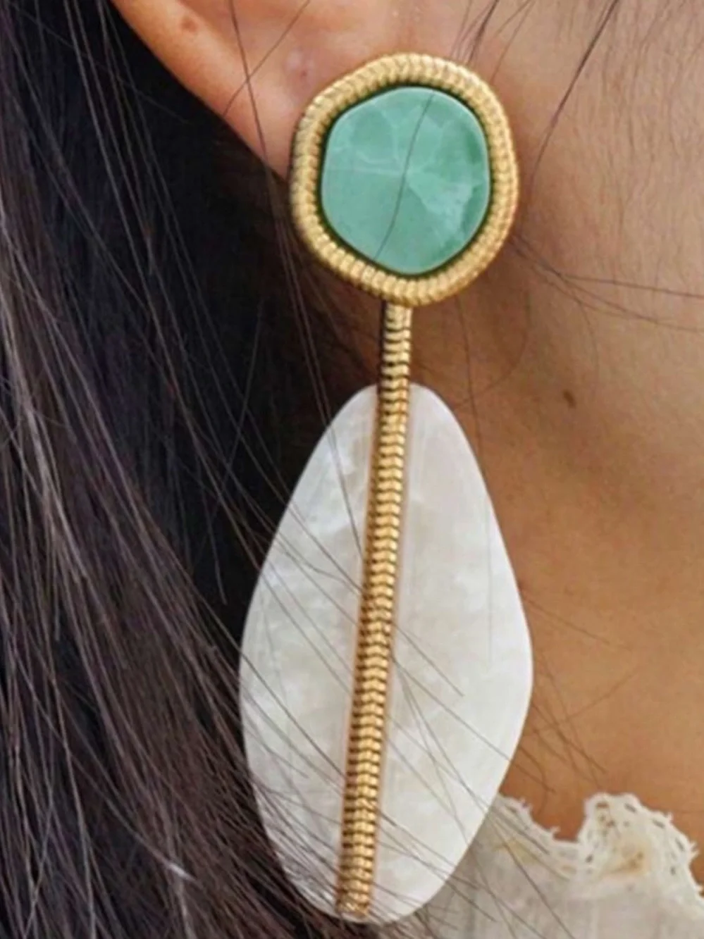 Gold-Tone Earrings with Green Stone & Cream Drop